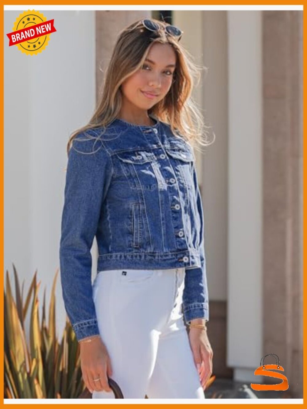 Collarless Button Down Denim Jacket Casual Western Long Sleeve Jacket - Picture 3 of 7